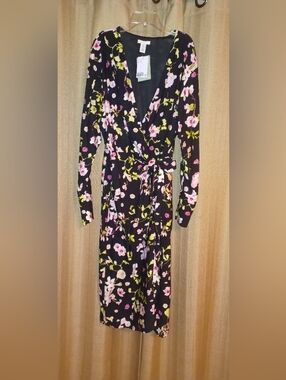 H&M Black Floral Wrap Dress with Pink and Green Accents